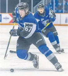  ?? CONTRIBUTE­D • SAINT JOHN SEA DOGS ?? Newly acquired Dawson Stairs carries the puck in the offensive zone during Quebec Major Junior Hockey League action earlier this season. The 18-year-old was traded to the Cape Breton Eagles Monday evening.