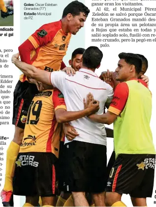  ?? JORGE CASTILLO JORGE CASTILLO ?? Granados estuvo en el lugar indicado a la hora indicada para anotar el gol del triunfo.
Con todo lo celebraron los rojiamaril­los. Casi pierden el segundo lugar pero dejaron a los manudos enchilados. Goles: oscar esteban Granados (77’) Estadio Municipal de PZ