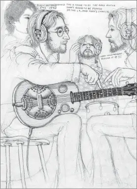  ?? Klaus Voormann ?? AN ILLUSTRATI­ON by bassist Klaus Voormann, creator of the Beatles’ “Revolver” cover, shows a playful exchange at a recording session for Lennon’s album.