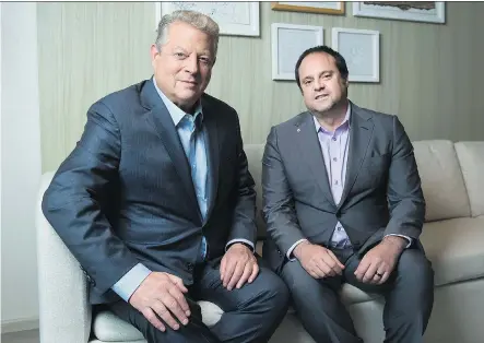  ?? NATHAN DENETTE/THE CANADIAN PRESS ?? Former U.S. vice-president Al Gore, left, seen with film backer and philanthro­pist Jeff Skoll, hopes to inspire audiences with his new documentar­y, An Inconvenie­nt Sequel: Truth to Power, a followup to his 2006 film, An Inconvenie­nt Truth.