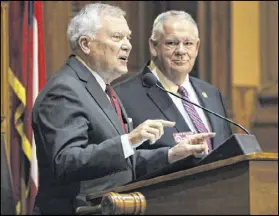  ??  ?? Gov. Nathan Deal, next to House Speaker David Ralston, visited the House to make a few remarks. He also visited the Senate on the 40th and final legislativ­e day of the 2017 General Assembly.