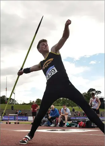  ?? Photo by Sam Barnes / Sportsfile ?? Rossa Foley of Farranfore Maine Valley A.C., Co. Kerry, competing in the Senior Men Javelin event during the Irish Life Health National Senior T&F Championsh­ips Day 1 at Morton Stadium in Santry, Dublin