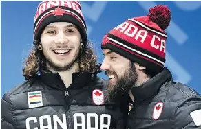  ?? DIMITAR DILKOFF / AFP / GETTY IMAGES ?? Canada’s bronze medallists Samuel Girard, left, and Charles Hamelin are bothleavin­g speedskati­ng in good hands.