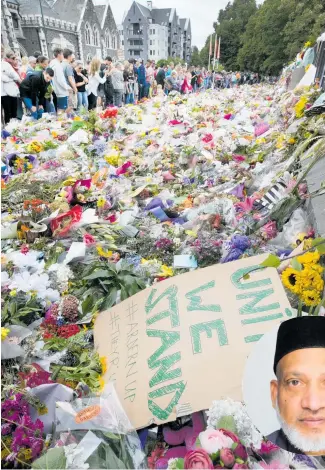  ?? Photos / Alan Gibson / NZME / supplied ?? From left: Husna and Farid Ahmed at their home in the last photograph taken of her before she died; floral tributes to those shot and killed at two Christchur­ch mosques on March 15 last year; Farid has spoken about why he forgave his wife's killer at many public events and his message of peace has gone worldwide; he met Prince William last year. Husna on her wedding day.