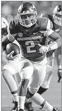  ?? Arkansas Democrat-Gazette/BENJAMIN KRAIN ?? Arkansas freshman running back Chase Hayden has 50 carries for 274 yards (5.5 yards per carry) and 4 touchdowns this season for the Razorbacks.