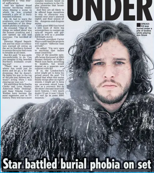  ??  ?? DREAD: Kit was buried under a pile of bodies while playing Jon Snow
