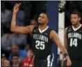  ?? JULIE JACOBSON — THE ASSOCIATED PRESS ?? Villanova guard Mikal Bridges (25) reacts after blocking a shot during the second half of Tuesday night’s win over Gonzaga.