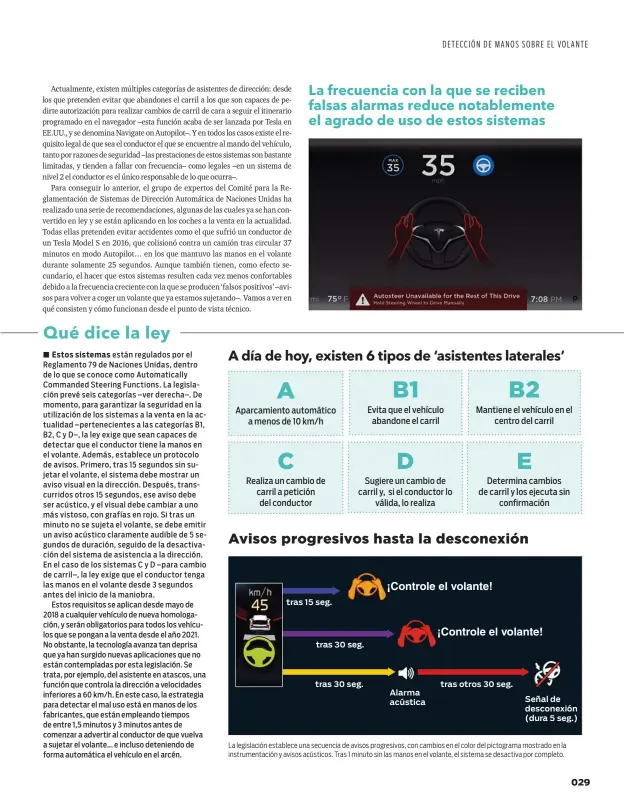  ??  ?? La legislació­n establece una secuencia de avisos progresivo­s, con cambios en el color del pictograma mostrado en la instrument­ación y avisos acústicos. Tras 1 minuto sin las manos en el volante, el sistema se desactiva por completo.