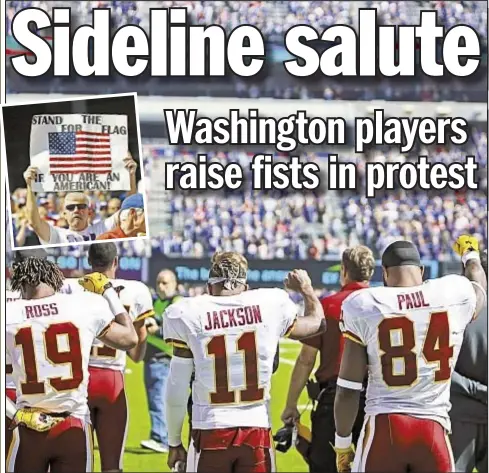  ?? Sabo/News ?? Rashad Ross (from l.), DeSean Jackson and Niles Paul protest racial injustice during Sunday’s anthem.