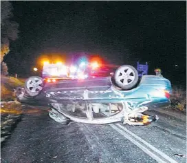  ??  ?? Three people escaped serious injury after a single vehicle collision in which a car ended up on its roof in Lardner Rd, Drouin last Monday night.