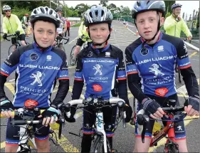  ??  ?? Knocknagre­e’s Richard O’Connor joined by Jack Hickey and Paudie Murphy at the Sliabh Luachra Cycle Classic.