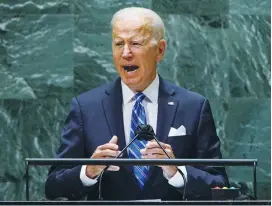  ?? (Eduardo Munoz/Reuters) ?? US PRESIDENT Joe Biden addresses the 76th Session of the UN General Assembly in New York City, last week.