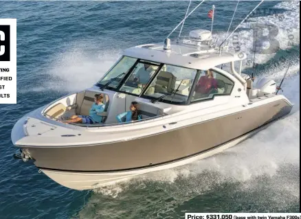 ??  ?? SPECS: LOA: 34'6" BEAM: 10'10" DRAFT (MAX): 2'0" (motors up) DRY WEIGHT: 11,750 lb. (without power) SEAT/WEIGHT CAPACITY: Yacht Certified FUEL CAPACITY: 300 gal.
HOW WE TESTED: ENGINES: Twin 300 hp Yamaha F300 DRIVE/PROPS: Outboard/Saltwater Series II 151/4" x 18" 3-blade stainless steel GEAR RATIO: 1.75:1 FUEL LOAD: 300 gal. CREW WEIGHT: 630 lb.