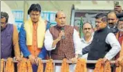  ?? PTI ?? Union home minister Rajnath Singh speaks at a roadshow in Agartala on Sunday.