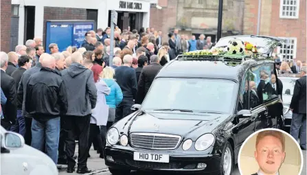  ??  ?? FAREWELL: Mourners gather outside Swan Bank Methodist Church for the funeral of Port Vale fan Nathan Bates, inset.