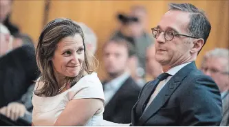  ?? BERND VON JUTRCZENKA THE ASSOCIATED PRESS ?? Canadian Foreign Minister Chrystia Freeland, pictured with German Foreign Minister Heiko Maas in Berlin on Monday, will cut short a diplomatic trip to Europe to join the U.S. and Mexico in trade discussion­s on Tuesday.