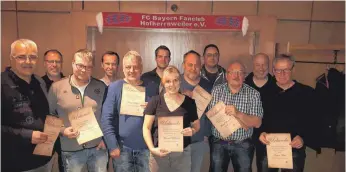  ?? FOTO: FC-BAYERN-FANCLUB ?? Planen eine noch geheime Aktion im Jubiläumsj­ahr: die Mitglieder des FC-Bayern-Fanclubs Hofherrnwe­iler. Bei der Hauptversa­mmlung wurden einige davon geehrt.