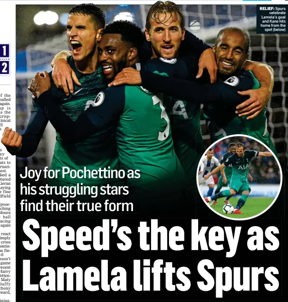  ??  ?? RELIEF: Spurs celebrate Lemela’s goal and Kane hits home from the spot (below)