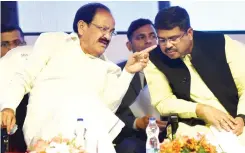  ?? — DC ?? Vice-President M. Venkaiah Naidu speaks with Union minister Dharmendra Pradhan at the the stone-laying ceremony for the Regional Vocational Training Institute at Shivam Road in Hyderabad.