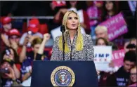  ?? AP/MIKE MOORE ?? Ivanka Trump, shown at a rally Monday in Fort Wayne, Ind., received initial approval for Chinese trademarks that apply to a variety of goods and services, including clothing, electronic­s and medical facilities.