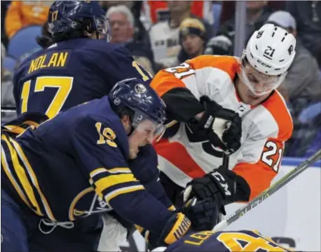  ?? JEFFREY T. BARNES — THE ASSOCIATED PRESS ?? Buffalo Sabres defenseman Jake McCabe (19) checks Flyers forward Scott Laughton (21) during the second period Friday in Buffalo, N.Y.