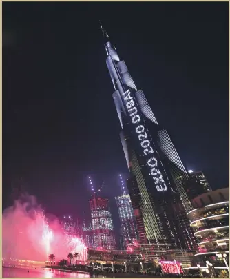  ??  ?? Burj Khalifa was illuminate­d last night as part of festivitie­s to mark the one-year countdown to Expo 2020. The world fair is expected to attract 25 million visitors.