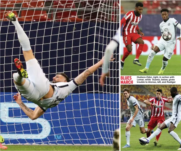  ??  ?? Hudson-Odoi, right, in action with Lemar, while Suarez, below, gives trouble to Alonso, left, and Rudiger BLUES MARCH