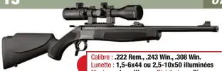  ??  ?? Calibre : .222 Rem., .243 Win., .308 Win. Lunette : 1,5-6x44 ou 2,5-10x50 illuminées Montage : type Weaver Distribute­ur : Simac 875 €