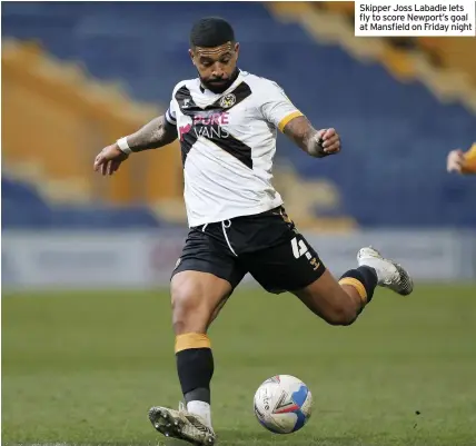  ??  ?? Skipper Joss Labadie lets fly to score Newport’s goal at Mansfield on Friday night