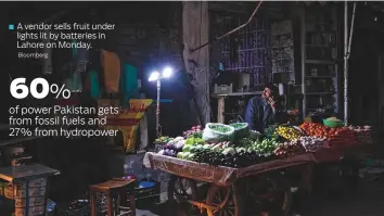  ?? ?? ■ A vendor sells fruit under lights lit by batteries in Lahore on Monday. Bloomberg
60% of power Pakistan gets from fossil fuels and 27% from hydropower