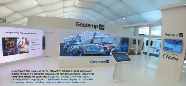  ??  ?? Gestamp exhibió un nuevo coche interactiv­o diseñado con el objetivo de mostrar de manera digital las piezas que la compañía produce, incluyendo carrocería, chasis y mecanismos./Gestamp revealed a new interactiv­e car designed for the purpose of digitally demonstrat­ing the parts that the company produces, including bodywork, chassis and mechanisms.