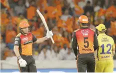  ?? — BCCI ?? Jonny Bairstow of Sunrisers Hyderabad raises his bat after scoring fifty runs during the IPL match against the Chennai Super Kings in Hyderabad.