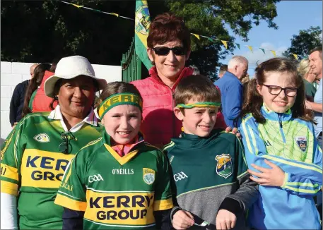  ??  ?? Amy Horgan, Elenor Kennelly, Evan and Finain Mason and Clodagh O’Sullivan Lisselton at the Kerry Minor homecoming celebratio­ns in Kilcummin GAA, Killarney on Monday.Photo by Michelle Cooper Galvin