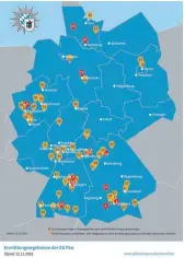  ?? FOTO: POLIZEI MÜNCHEN ?? Das ist die Karte der 68 Einsatzste­llen von Grzegorz W., die die Polizei der Öffentlich­keit vorgestell­t hat. Nr 25 und 54 liegen im Kreis Tuttlingen. 54 steht für den Mord an der Spaichinge­r Seniorin.