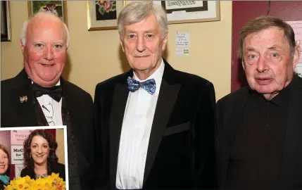  ??  ?? ABOVE: South Wicklow Drama Festival chairman Eamonn Doran, adjudicato­r Michael Poynor and president Michael Byrne; INSET LEFT: Cathy Tighe and Lorna Doran McEvoy.