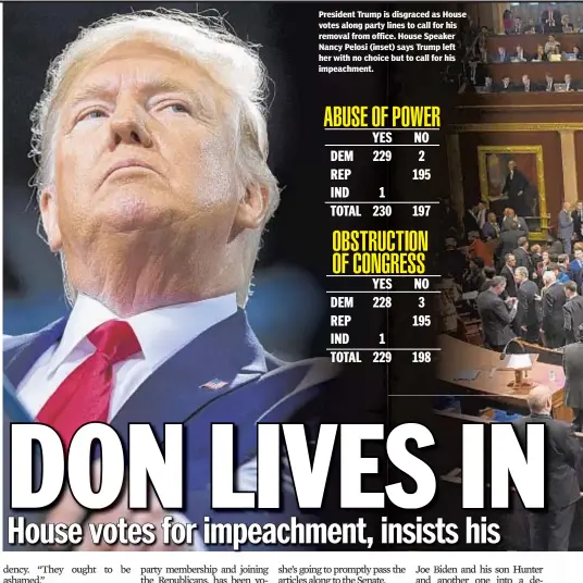  ??  ?? President Trump is disgraced as House votes along party lines to call for his removal from office. House Speaker Nancy Pelosi (inset) says Trump left her with no choice but to call for his impeachmen­t.