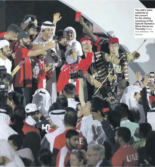  ?? Photos Chris Whiteoak / The National ?? The UAE’s team celebrate at the concert for the closing ceremony of the Special Olympics Mena Games on Thursday