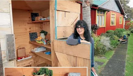  ?? MARK TAYLOR/STUFF ?? Ra Stucki noticed the hardship some in Te Aroha were facing amid rising food prices and cost of living expenses, and she started an initiative to show some generosity.
Left: Whether it is canned food, fruit and vegetables, bread or even sanitary products, all of it can find a home in the kai shed.