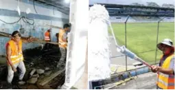  ?? ?? DETALLES. Las cuadrillas trabajan en la remodelaci­ón de los camerinos y la pintura del interior del vetusto estadio Morazán.