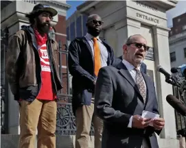  ?? nancy Lane / HeraLd StaFF ?? ‘WE KNOW THE PROBLEMS’: Josh Ostroff of the Livable Streets Alliance speaks at a rally Thursday outside the State House, calling for increased safety on the MBTA.