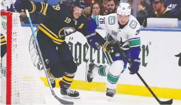  ?? POSTMEDIA FILES ?? Veteran forward Antoine Roussel, seen fending off Buffalo’s Jake McCabe earlier this season, has never been one to back down from a good battle.