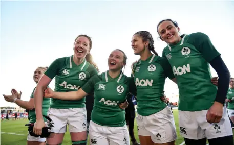  ??  ?? Aoife McDermott (left) with her Ireland teammates Michelle Claffey, Megan Williams and Hannah Tyrrell after their bonus point 35-12 victory over Wales in the Six Nations in Donnybrook on Sunday. Below: Aoife with her parents Cora and Sean, sister Sonia and brother Brian.