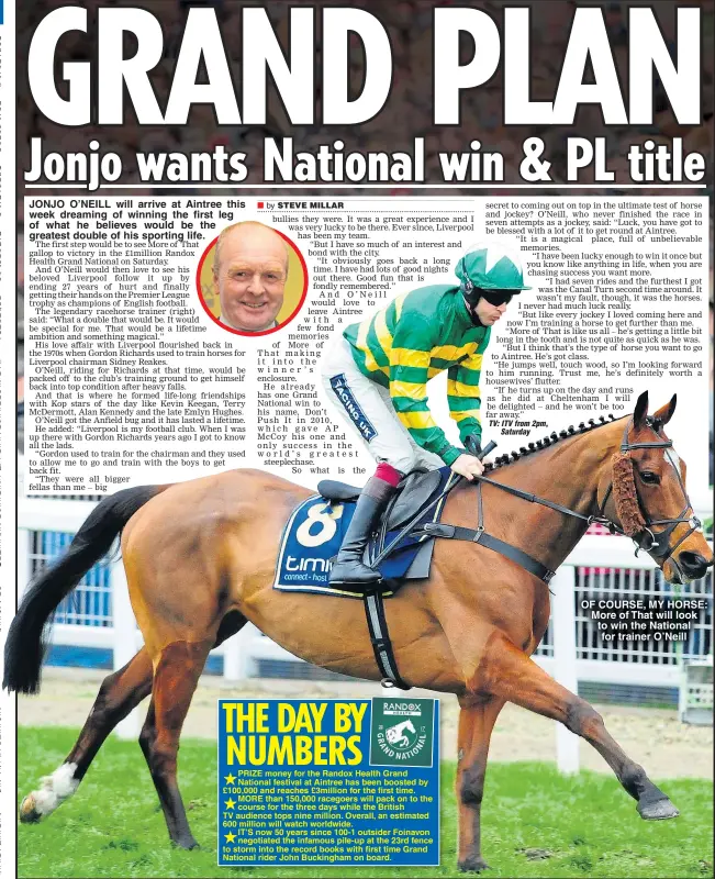  ??  ?? JONJO O’NEILL will arrive at Aintree this week dreaming of winning the first leg of what he believes would be the greatest double of his sporting life. OF COURSE, MY HORSE: More of That will look to win the National for trainer O’Neill