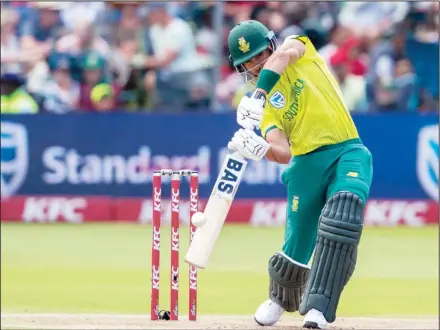  ?? (AP) ?? South Africa batsman Reeza Hendricks plays a shot during the 2nd T20 cricket match between South Africa and Australia at St George’s Park in Port
Elizabeth, South Africa on Feb 23.