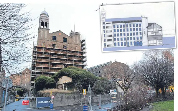  ??  ?? A hotel has been proposed for Lower Dens Works on Constable Street. Inset, a drawing of the proposed hotel.