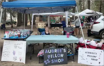  ?? Courtesy photos
/ Laura Burns ?? Aubree Burns, 8, of Tuolumne, mans her “pillow shop” at an event at Dardanelle Resort in August (above). Aubree donated the pillows that were left over after her summer sales to Susan Rinna, activities director at Adventist Health Sonora’s Sierra Care Center (left, at right) in November. Aubree and her grandmothe­r, Laura Burns, of Tuolumne, handmade 80 pillows that they sold for $5 a piece over the summer (below).