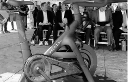  ?? AP ?? A Peloton fitness machine is displayed during a factory groundbrea­king ceremony on August 9, 2021, in Luckey, Ohio.