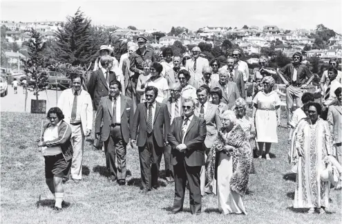  ?? PHOTO: OTAGO DAILY TIMES FILES ?? The Araiteuru Marae was opened in Kaikorai Valley in February 1980. The official party, led by the Minister of Maori Affairs, the Hon M.B. Couch, was challenged as it moved on to the Marae. Sonny Keepa (left ), the Whakatara Wero, inspired the challenger. Mr Couch is accompanie­d by Miss M. Walscroft.