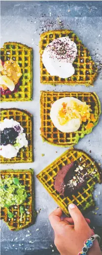  ?? PHOTOS: DAVID FRENKIEL ?? These spinach-laced waffles walk the line between sweet and savoury, depending on your choice of toppings.