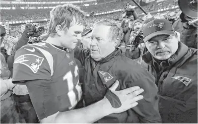  ?? David J. Phillip / Associated Press ?? Quarterbac­k Tom Brady, left, and Patriots coach Bill Belichick have forged a winning bond, one they revisited after January’s AFC championsh­ip game. They will try to go six-for-eight in Super Bowl triumphs today.